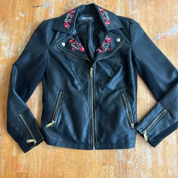 Kenneth Cole Reaction Moto Jacket Womens Small Black Faux Leather Floral Embroid - Picture 1 of 7